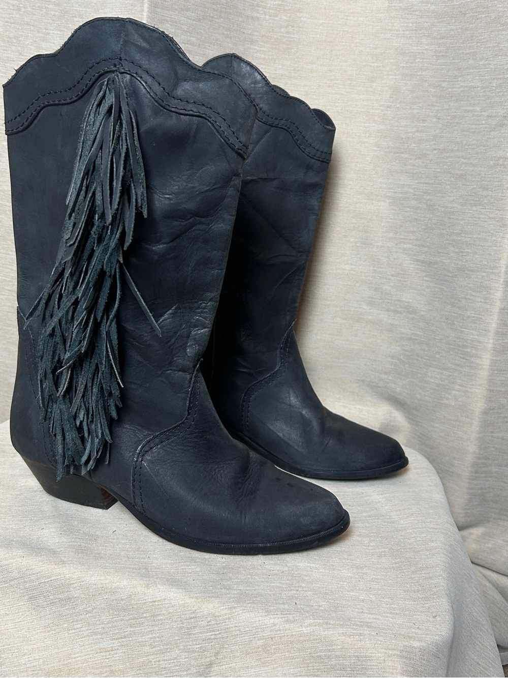 Poppies Vintage Navy Blue Fringe Western Mid-Calf Boots - Women festival